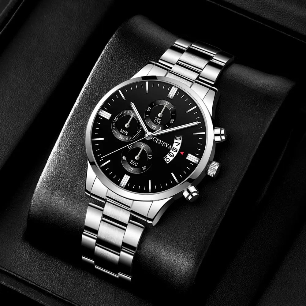 Montre Homme Luxe Geneva - Quartz en Acier Inoxydable Argenté